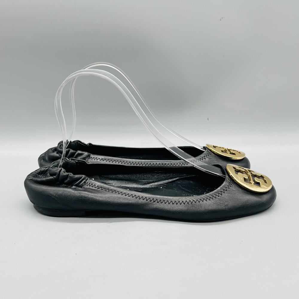 Tory Burch Shoes Womens 7.5 Black Leather Medallion Ballet Flats Slip On Casual